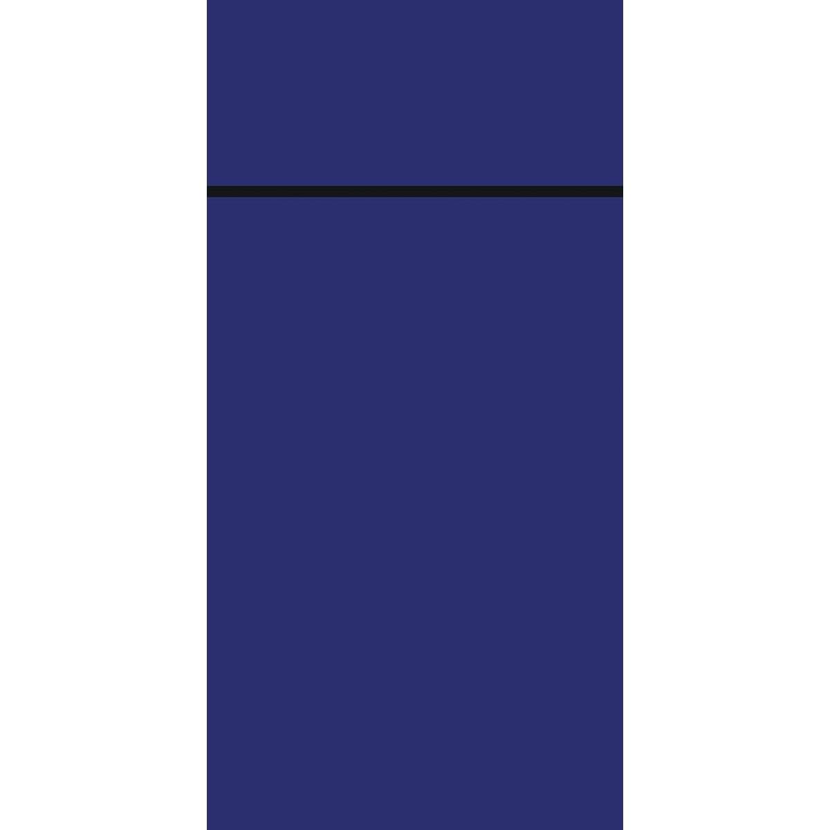 Jednokolorowe, ciemnoniebieskie tło z jedną cienką czarną linią na górze przypomina o prostej elegancji Bio Duniletto Slim 400 x 330 mm firmy Duni GmbH, wykonanej z materiałów zrównoważonych dla ekologicznie nakrytych stołów.