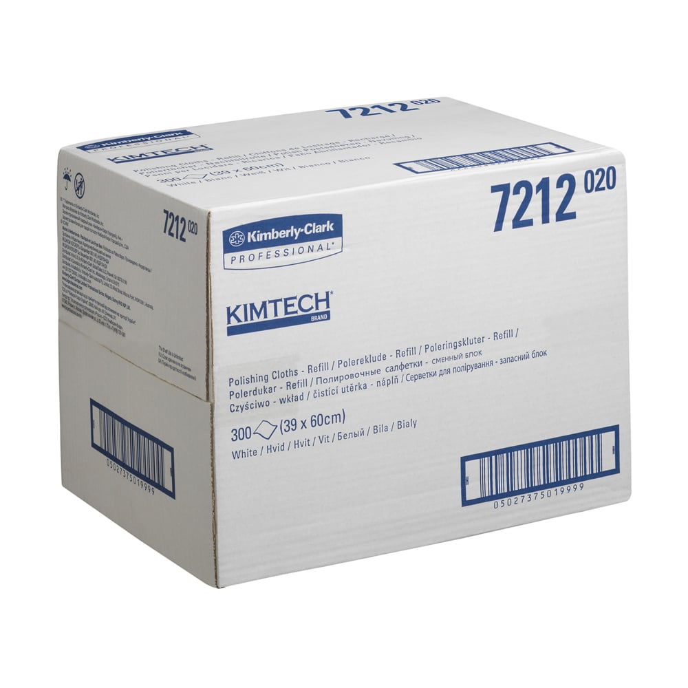Biały karton z napisem "Kimtech® Poliertücher - Nachfüllpack / Weiß", od Kimberly-Clark GmbH, zawiera 1 opakowanie uzupełniające z 300 arkuszami (39 x 60 cm), z wielojęzycznym tekstem i kodem kreskowym na kartonie.
