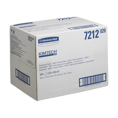 Biały karton z napisem "Kimtech® Poliertücher - Nachfüllpack / Weiß", od Kimberly-Clark GmbH, zawiera 1 opakowanie uzupełniające z 300 arkuszami (39 x 60 cm), z wielojęzycznym tekstem i kodem kreskowym na kartonie.