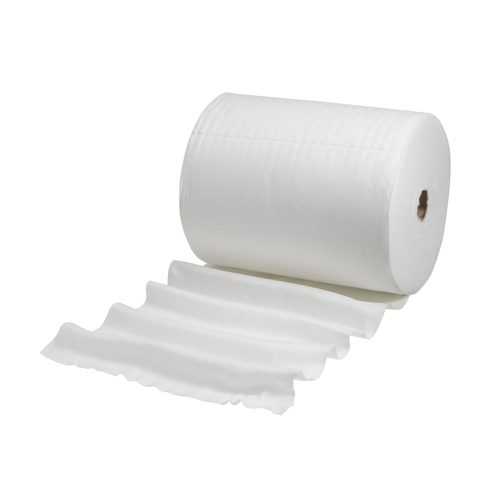 Duża rolka ściereczek polerskich Kimtech® (biała, 1 opakowanie uzupełniające x 300 arkuszy) od Kimberly-Clark GmbH jest częściowo rozwinięta i pokazuje falowany brzeg na luźnym arkuszu przed jednolitym białym tłem.
