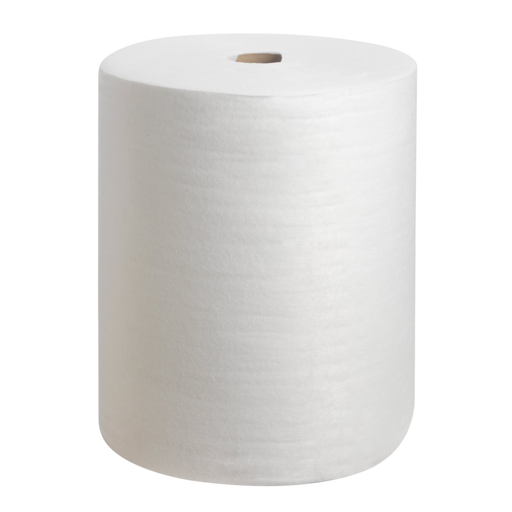 Opakowanie uzupełniające ściereczek polerskich Kimtech® w kolorze białym od Kimberly-Clark GmbH, składające się z rolki uzupełniającej z 300 arkuszami, jest przedstawione pionowo z widocznym rdzeniem tekturowym na białym tle.