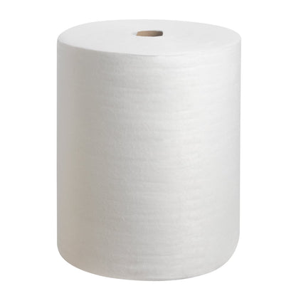 Opakowanie uzupełniające ściereczek polerskich Kimtech® w kolorze białym od Kimberly-Clark GmbH, składające się z rolki uzupełniającej z 300 arkuszami, jest przedstawione pionowo z widocznym rdzeniem tekturowym na białym tle.