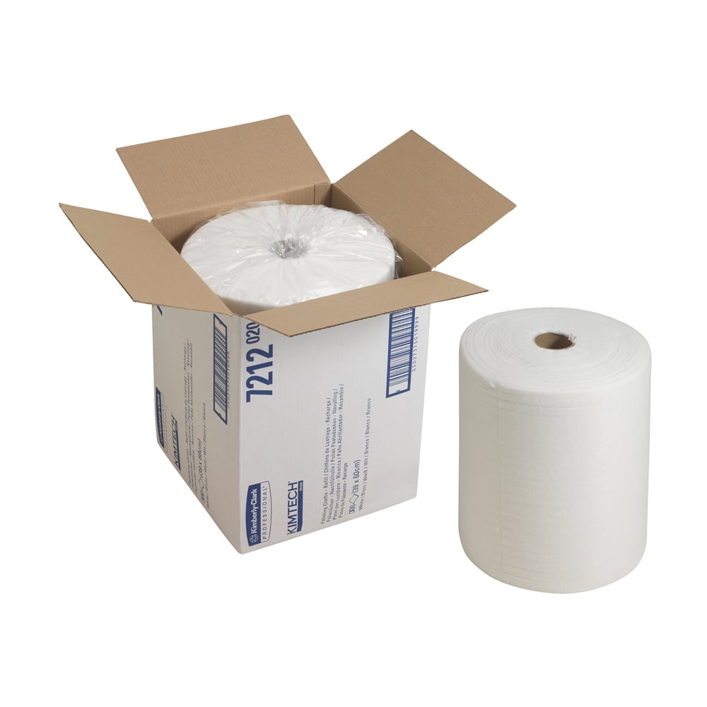 Duża rolka białych ściereczek polerskich Kimtech® od Kimberly-Clark GmbH leży obok otwartego kartonu z napisem 71212, który zawiera 1 opakowanie uzupełniające z 300 arkuszami - opakowanie uzupełniające ściereczek polerskich Kimtech® (biały) w kartonie.