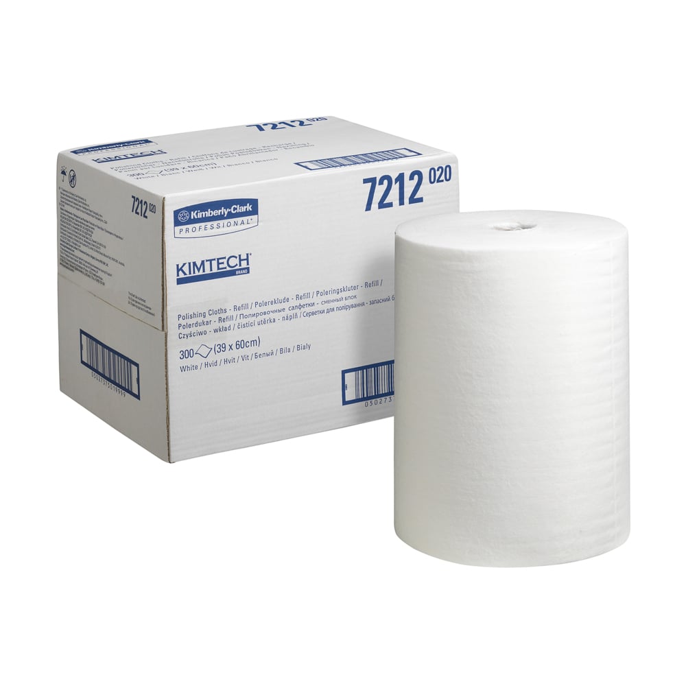 Duża biała rolka ściereczek polerskich Kimtech® (opakowanie uzupełniające, 300 arkuszy) leży obok prostokątnego pudełka z danymi produktu i logo Kimberly-Clark GmbH.