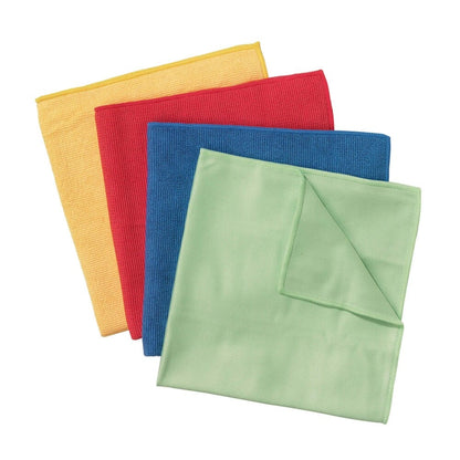 Cztery ściereczki z mikrofibry WypAll® - płaskie ściereczki / 40 x 40 cm od Kimberly-Clark GmbH w kolorach żółtym, czerwonym, niebieskim i zielonym leżą jedna na drugiej; zielona ściereczka jest częściowo złożona w rogu, aby pokazać swoją strukturę.