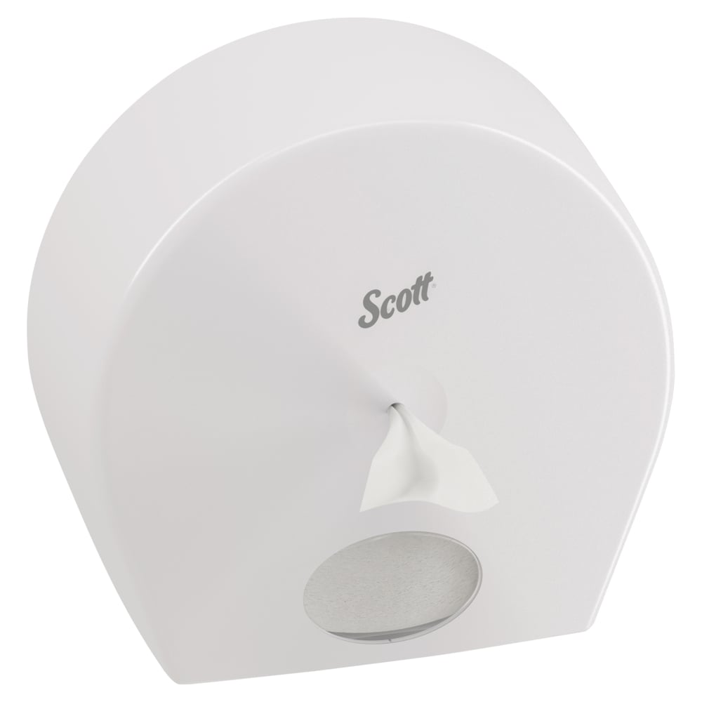 Dozownik papieru toaletowego Scott® Control™ (biały, Jumbo) firmy Kimberly-Clark GmbH posiada przezroczyste okienko w dolnej części, przez które widać rolkę, i wydaje pojedyncze arkusze w higieniczny sposób przez przedni otwór.