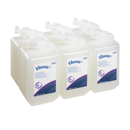 Sześć 1-litrowych kaset z szamponem do włosów i ciała Kleenex® firmy Kimberly-Clark GmbH jest ułożonych w dwóch rzędach po trzy na białym tle - idealne do delikatnego czyszczenia i pielęgnacji w każdym środowisku.