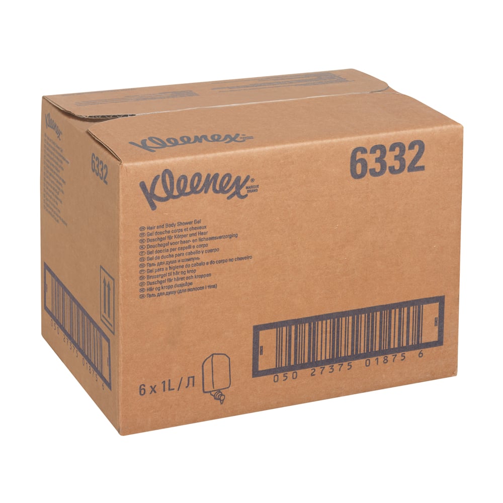 Biały karton z napisem "Kleenex® Haar- und Körpershampoo" (produkt 6332) firmy Kimberly-Clark GmbH zawiera 6 x 1-litrowe kasety do delikatnej pielęgnacji i skutecznego czyszczenia, z wieloma kodami kreskowymi i nadrukowanymi szczegółami produktu.