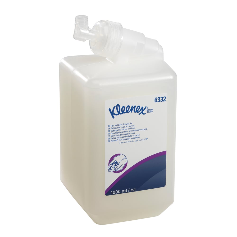 Przezroczysta kaseta 1L z szamponem do włosów i ciała Kleenex® firmy Kimberly-Clark GmbH, z białą etykietą i dozownikiem, zawiera informacje o delikatnej pielęgnacji i skutecznym czyszczeniu w niebieskim i fioletowym napisie. Sprzedawane jako 6 kaset na karton.