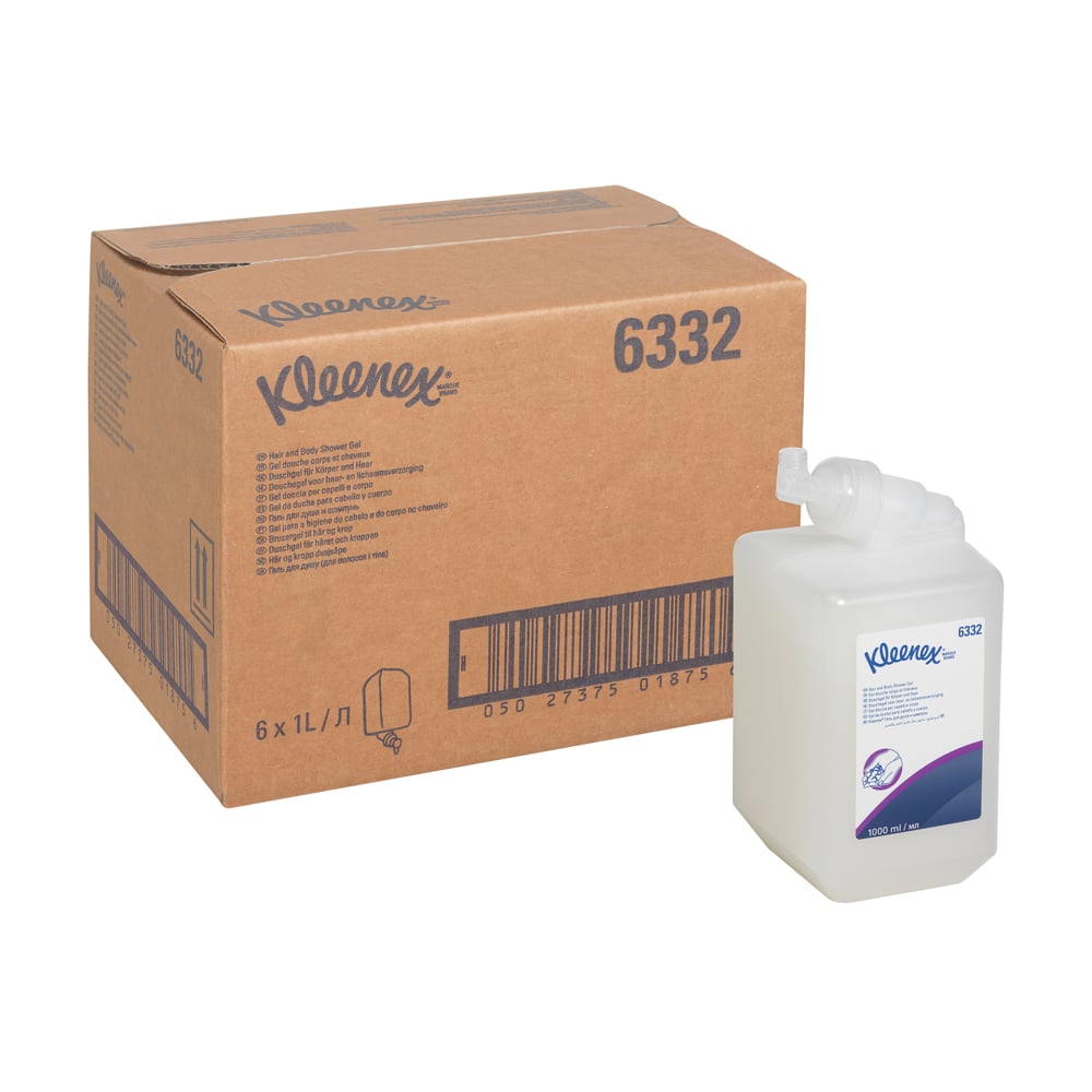 Duża biała kaseta z szamponem do włosów i ciała Kleenex® 1L firmy Kimberly-Clark GmbH stoi obok przezroczystego dozownika, oba z oznaczeniami marki, idealne do skutecznego czyszczenia i delikatnej pielęgnacji.