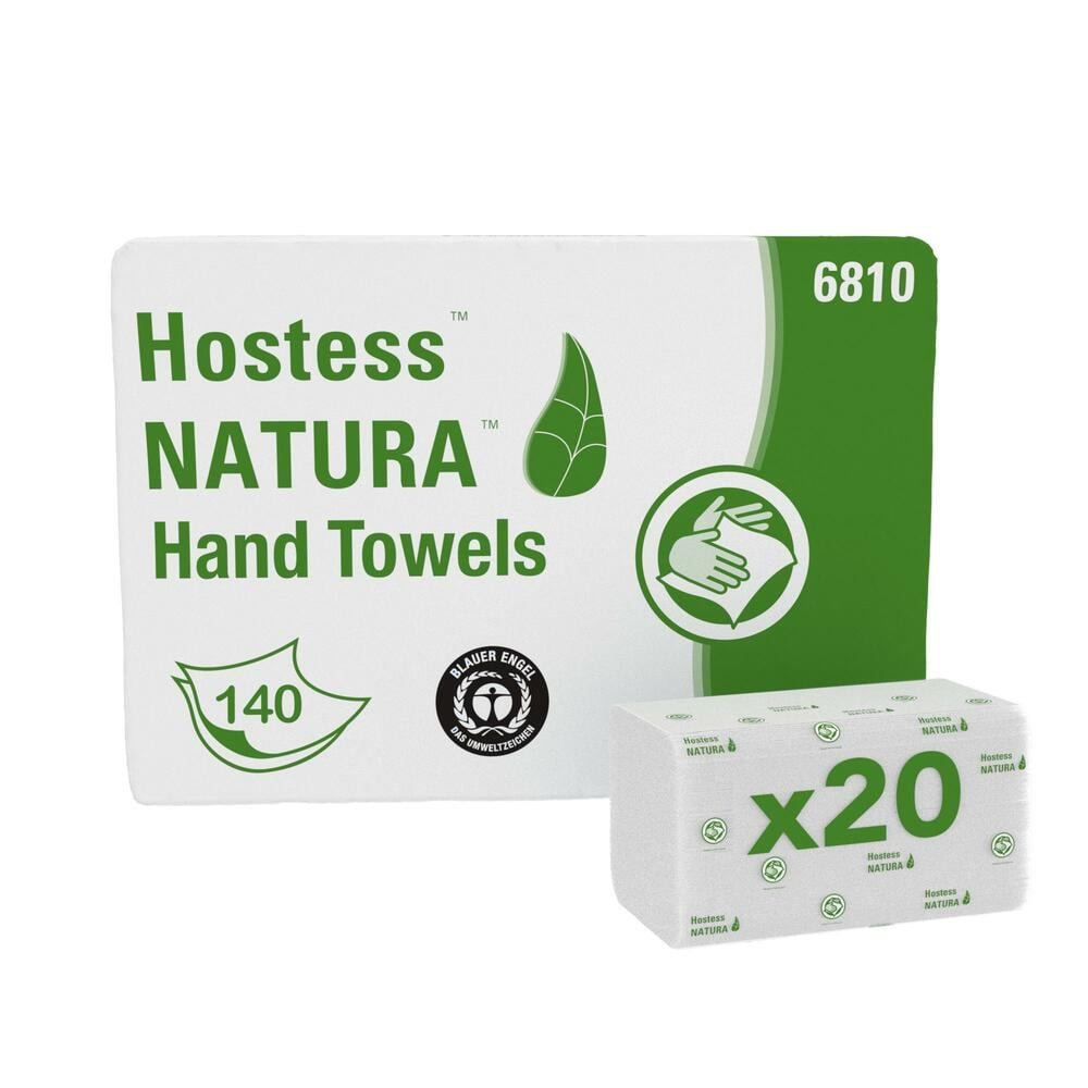 Opakowanie ręczników Hostess™ NATURA™ od Kimberly-Clark GmbH, składanych w C, białych, zapakowanych na zielono i biało z nazwą produktu, symbolami ręki i ręcznika, numerem 6810 i oznaczeniem "x20" - 20 opakowań po 140 arkuszy w kartonie.