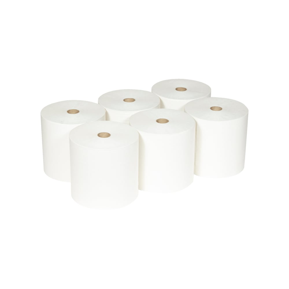 Six Scott® ESSENTIAL™ rolki ręczników od Kimberly-Clark GmbH (białe, 6 rolek/karton) są ułożone w dwóch rzędach po trzy na białym tle; każda rolka pokazuje widoczny kartonowy rdzeń.