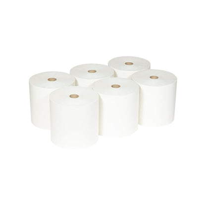 Six Scott® ESSENTIAL™ rolki ręczników od Kimberly-Clark GmbH (białe, 6 rolek/karton) są ułożone w dwóch rzędach po trzy na białym tle; każda rolka pokazuje widoczny kartonowy rdzeń.