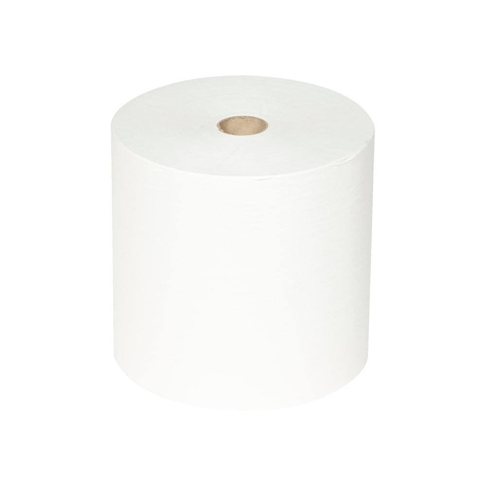 Pojedyncza duża rolka Scott® ESSENTIAL™ ręczników od Kimberly-Clark GmbH, widoczny kartonowy rdzeń, stojąca pionowo na jednolitym białym tle; z opakowania 6 rolek x 1 arkusz | karton (6 rolek).