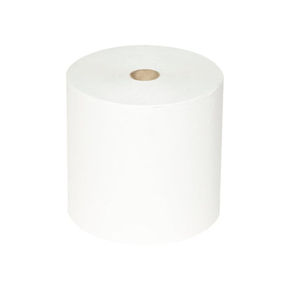 Pojedyncza duża rolka Scott® ESSENTIAL™ ręczników od Kimberly-Clark GmbH, widoczny kartonowy rdzeń, stojąca pionowo na jednolitym białym tle; z opakowania 6 rolek x 1 arkusz | karton (6 rolek).