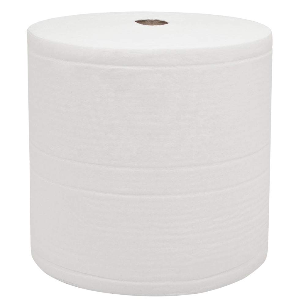Rolka papierowych ręczników WypAll® L30 od Kimberly-Clark GmbH: ekstra szeroka i długa, 1 biała rolka z 1000 arkuszami i widocznym kartonowym rdzeniem - idealna do zadań czyszczenia przemysłowego na neutralnym tle.