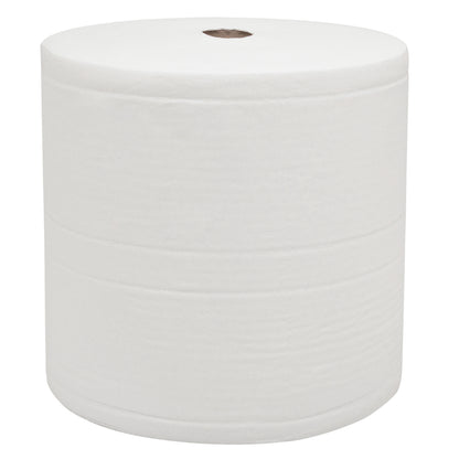 Rolka papierowych ręczników WypAll® L30 od Kimberly-Clark GmbH: ekstra szeroka i długa, 1 biała rolka z 1000 arkuszami i widocznym kartonowym rdzeniem - idealna do zadań czyszczenia przemysłowego na neutralnym tle.