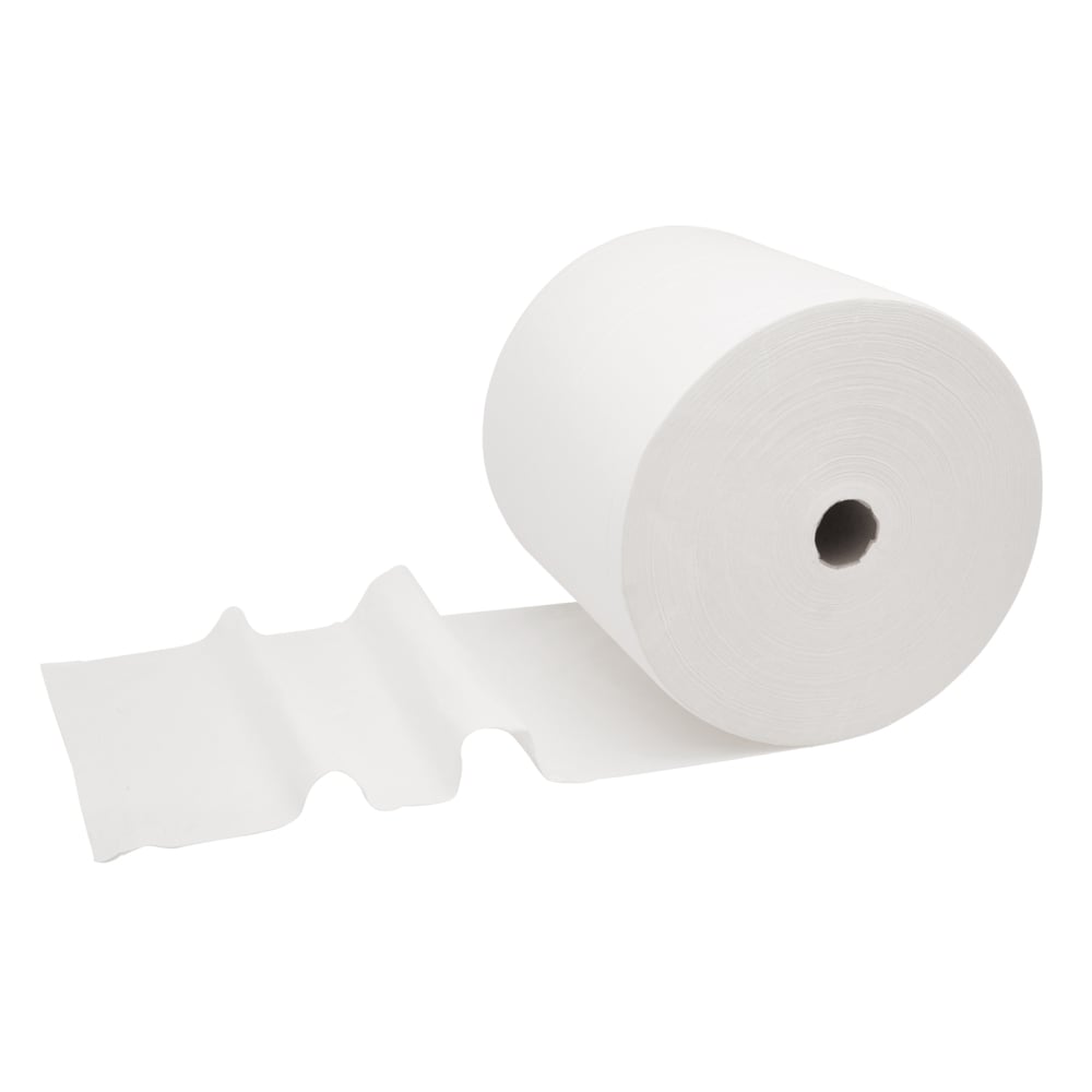 Pojedyncza rolka papierowych ręczników WypAll® L30 od Kimberly-Clark GmbH leży na boku, kilka arkuszy jest rozwiniętych i lekko pomarszczonych - idealna do zadań czyszczenia przemysłowego. 1 rolka, ekstra szeroka i długa, biała, 1000 arkuszy.