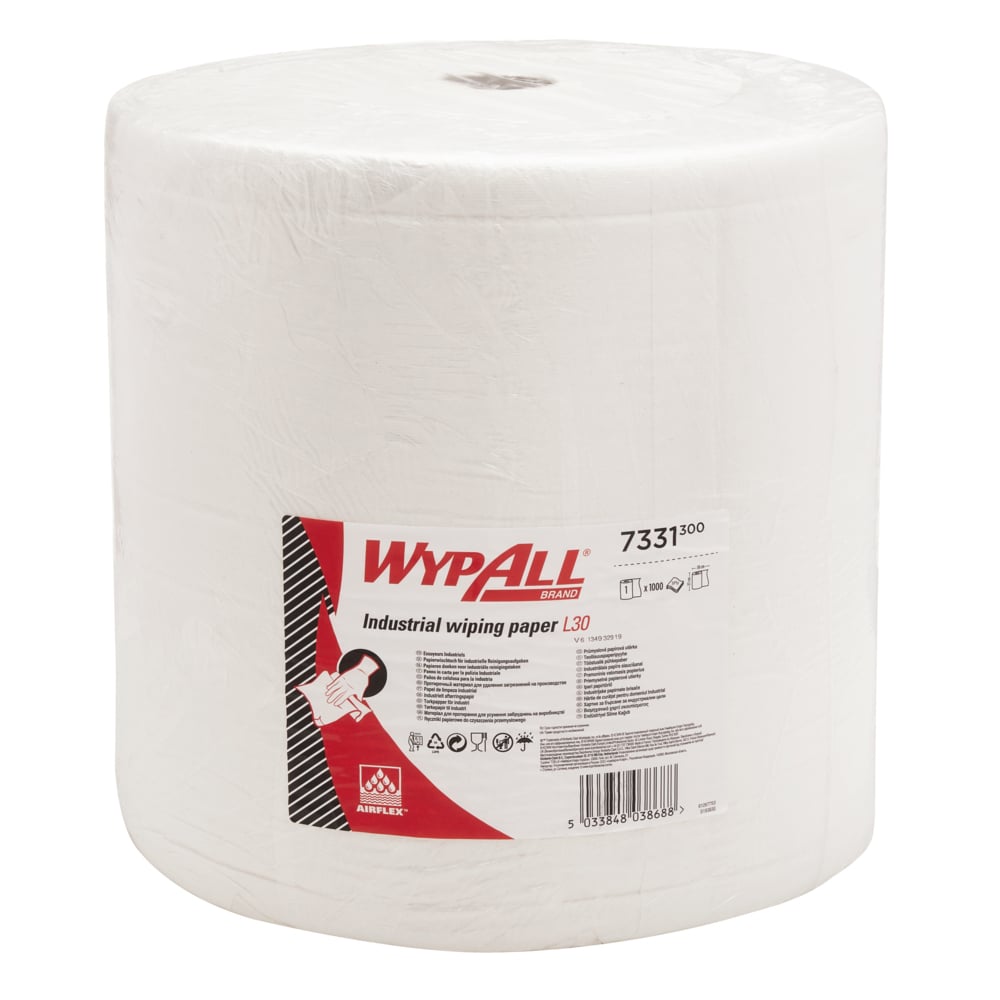 Duża biała rolka papierowych ręczników WypAll® L30 od Kimberly-Clark GmbH z czerwono-białą etykietą, szczegółami produktu i ilustracją do czyszczenia przemysłowego. 1 rolka, ekstra szeroka i długa, 1000 arkuszy.