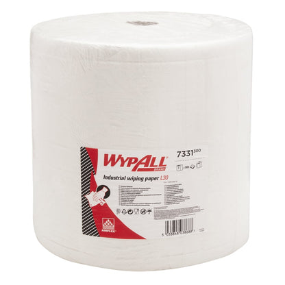 Duża biała rolka papierowych ręczników WypAll® L30 od Kimberly-Clark GmbH z czerwono-białą etykietą, szczegółami produktu i ilustracją do czyszczenia przemysłowego. 1 rolka, ekstra szeroka i długa, 1000 arkuszy.