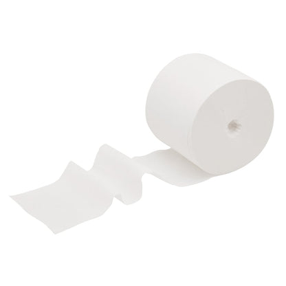 Częściowo rozwinięta rolka papieru toaletowego Scott® Essential™ - bez rdzenia / biała od Kimberly-Clark GmbH, z kilkoma wyciągniętymi arkuszami, przedstawiona na jednolitym białym tle.