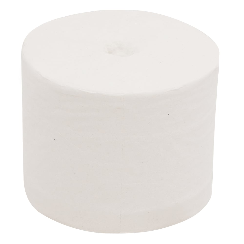 Prosta, biała, bezrdzeniowa rolka papieru toaletowego Scott® Essential™ od Kimberly-Clark GmbH, sfotografowana na białym tle; 36 małych rolek x 1000 arkuszy na karton.