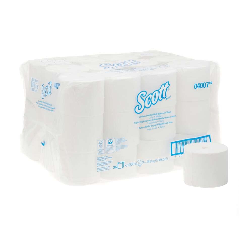 Opakowanie rolek papieru toaletowego Scott® Essential™ - bez rdzenia / białe od Kimberly-Clark GmbH, zawiera 36 małych rolek x 1000 arkuszy, zapakowane w przezroczysty plastik; jedna rolka jest przymocowana z przodu na zewnątrz kartonu.
