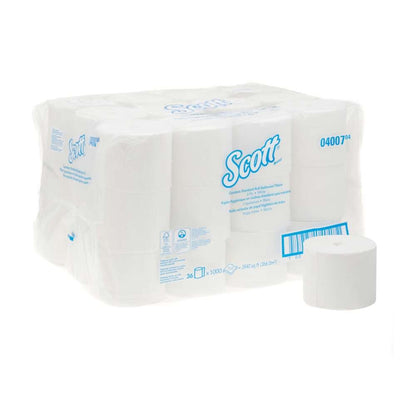Opakowanie rolek papieru toaletowego Scott® Essential™ - bez rdzenia / białe od Kimberly-Clark GmbH, zawiera 36 małych rolek x 1000 arkuszy, zapakowane w przezroczysty plastik; jedna rolka jest przymocowana z przodu na zewnątrz kartonu.