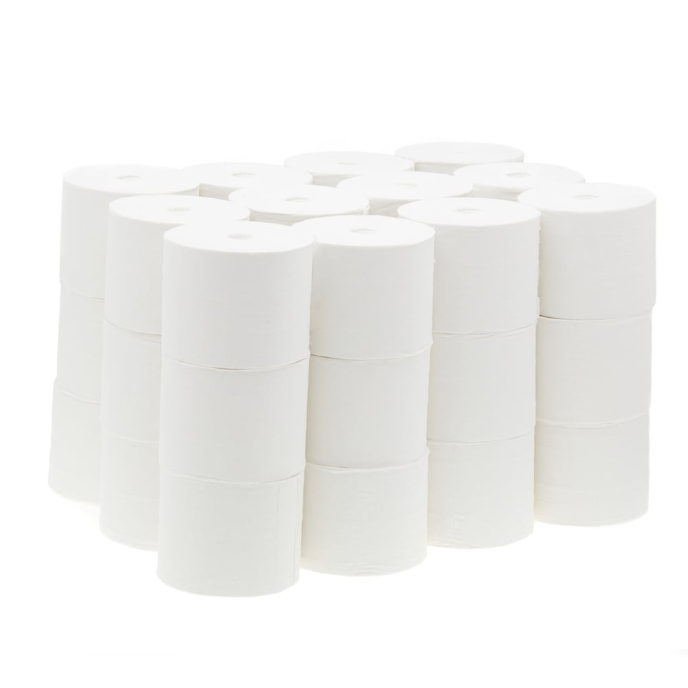 Czysto ułożona grupa 36 białych, bezrdzeniowych rolek papieru toaletowego Scott® Essential™ z 1000 arkuszami każda od Kimberly-Clark GmbH, ustawiona pionowo na prostym białym tle.