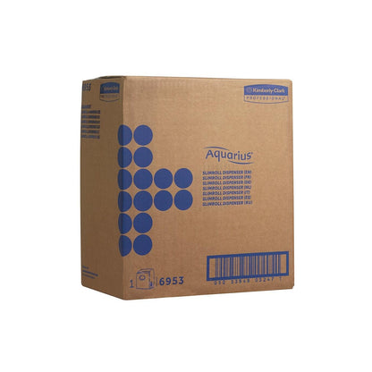 Biały karton z napisem "Aquarius™ Slimroll™ dozownik do ręczników w rolkach" firmy Kimberly-Clark GmbH przedstawia niebieski wzór kropkowy, dane dozownika w kolorze niebieskim, kod kreskowy i logo Kimberly-Clark Professional w prawym górnym rogu.