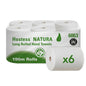 Opakowanie sześciu szarych ręczników Hostess™ NATURA od Kimberly-Clark GmbH, każdy jednowarstwowy, z "190m Rolls" i logo certyfikacji na opakowaniu - idealne ekologiczne ręczniki rolkowe na co dzień.