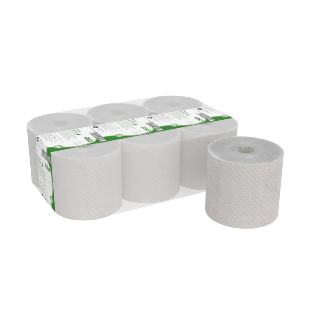 Sześć rolek ręczników Hostess™ NATURA (szarych) od Kimberly-Clark GmbH jest zapakowanych w przezroczysty, zielono-biały karton. Jedna rolka jest wyeksponowana z przodu i pokazuje swoją teksturę - idealne, ekologiczne ręczniki do każdego pomieszczenia.