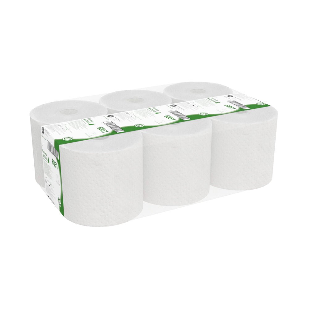 Karton z 6 rolkami ręczników Hostess™ NATURA od Kimberly-Clark GmbH, każda zapakowana w naturalny papier z zielono-białą etykietą - idealne dla wszystkich, którzy szukają zrównoważonych ręczników z wysokiej jakości materiałów.
