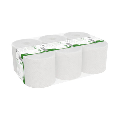Karton z 6 rolkami ręczników Hostess™ NATURA od Kimberly-Clark GmbH, każda zapakowana w naturalny papier z zielono-białą etykietą - idealne dla wszystkich, którzy szukają zrównoważonych ręczników z wysokiej jakości materiałów.