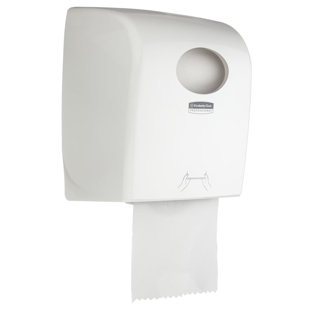 Dozownik ręczników w rolce Aquarius™ - Biały od Kimberly-Clark GmbH to higieniczny dozownik ścienny do miejsc publicznych z widocznym ręcznikiem papierowym, okrągłym otworem do uzupełniania na górze i instrukcjami obsługi w formie rysunków ręcznych.