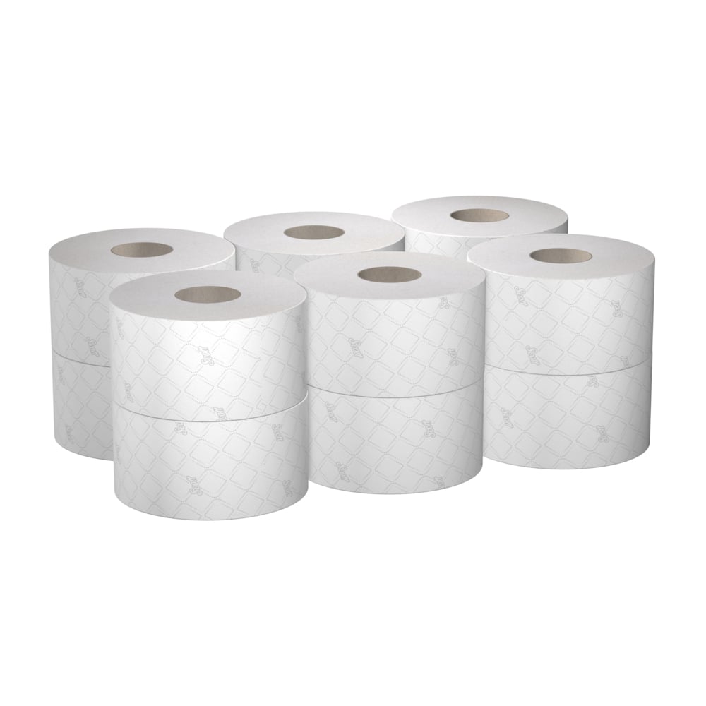 Zwölf Rollen Scott® ESSENTIAL™ Toilettenpapier von Kimberly-Clark GmbH mit je 474 Blatt sind für hygienische Waschräume sauber verpackt - ideal für alle, die zuverlässiges Toilettenpapier mit hohem Fassungsvermögen suchen.