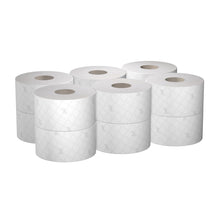Dwanaście rolek papieru toaletowego Scott® ESSENTIAL™ od Kimberly-Clark GmbH, każda z 474 arkuszami, jest czysto zapakowane do higienicznych toalet - idealne dla wszystkich, którzy szukają niezawodnego papieru toaletowego o dużej pojemności.
