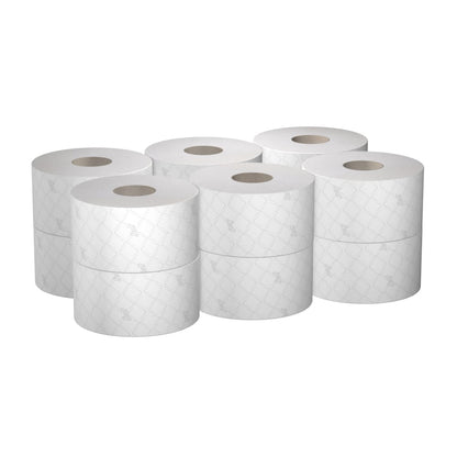 Dwanaście rolek papieru toaletowego Scott® ESSENTIAL™ od Kimberly-Clark GmbH, każda z 474 arkuszami, jest czysto zapakowane do higienicznych toalet - idealne dla wszystkich, którzy szukają niezawodnego papieru toaletowego o dużej pojemności.