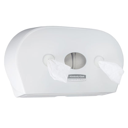 Dozownik papieru toaletowego Aquarius™ - centralny firmy Kimberly-Clark GmbH to biały, montowany na ścianie dozownik Jumbo z centralnym okienkiem i otworami po obu stronach dla dostępu do papieru.
