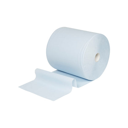 Duża rolka ręcznika papierowego WypAll® L10 do powierzchni (duża rola, wyjątkowo szeroka: 38,00 cm x 32,50 cm) od Kimberly-Clark GmbH, z lekko rozwiniętym papierem, idealna do czyszczenia powierzchni, przedstawiona na białym tle.