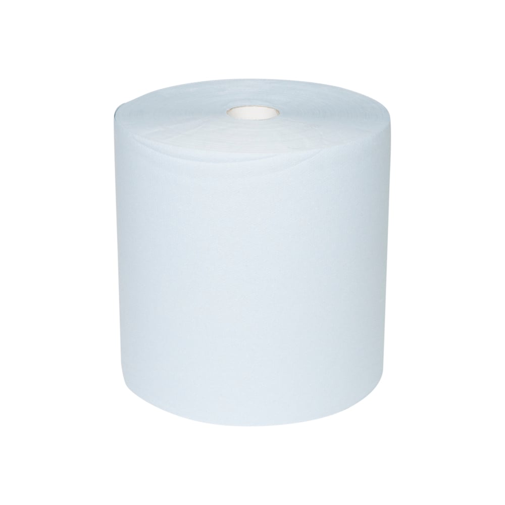 Duży ręcznik papierowy WypAll® L10 do powierzchni w dużej roli (38,00 cm x 32,50 cm) od Kimberly-Clark GmbH stoi pionowo na białym tle - idealny do czyszczenia powierzchni dzięki wyjątkowo szerokiej, cylindrycznej formie z widocznym rdzeniem.