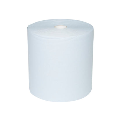 Duży ręcznik papierowy WypAll® L10 do powierzchni w dużej roli (38,00 cm x 32,50 cm) od Kimberly-Clark GmbH stoi pionowo na białym tle - idealny do czyszczenia powierzchni dzięki wyjątkowo szerokiej, cylindrycznej formie z widocznym rdzeniem.