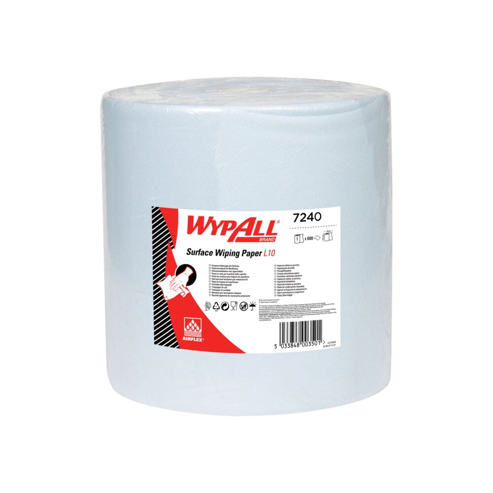 Ręcznik papierowy WypAll® L10 do powierzchni w dużej roli od Kimberly-Clark GmbH (38,00 cm x 32,50 cm) jest wyjątkowo szeroki i zapakowany w przezroczystą folię; biała i czerwona etykieta pokazuje informacje o produkcie i symbole do czyszczenia powierzchni.