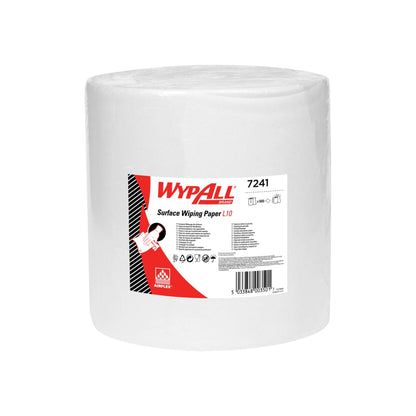 Ręcznik papierowy WypAll® L10 do powierzchni - duża rola (Kimberly-Clark GmbH) to wyjątkowo szeroka biała rolka (38,00 cm x 32,50 cm), idealna do dużych zadań czyszczących, z czerwono-białą etykietą z informacjami o produkcie i instrukcjami.