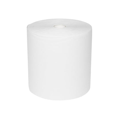 Duży, biały ręcznik papierowy WypAll® L10 do powierzchni - duża rola (wyjątkowo szeroka, 38,00 cm x 32,50 cm) od Kimberly-Clark GmbH stoi pionowo na jednolitym białym tle i posiada małą tekturową rurkę w środku dla efektywnego czyszczenia.