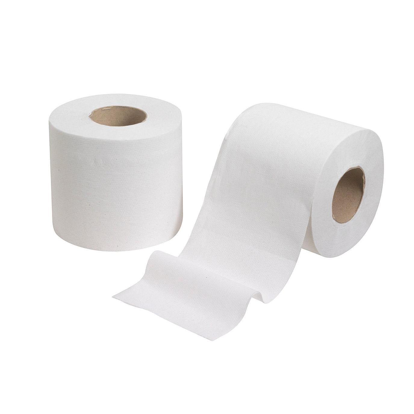 Przedstawione są dwie białe rolki papieru toaletowego Kleenex® (małe rolki, 2 x 200 arkuszy) firmy Kimberly-Clark GmbH - jedna w pionie, druga częściowo rozwinięta - na białym tle. Idealne do zaopatrzenia z opcją artykułu wycofywanego w opakowaniu 24-sztukowym.