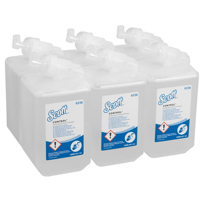 Sześć przezroczystych 1-litrowych kaset "Scott® Control™" z antybakteryjnym środkiem do mycia rąk od Kimberly-Clark GmbH, pakowanych po 6 sztuk na karton, oferuje higieniczne mycie rąk z łatwymi w obsłudze wkładami dla skutecznej higieny.