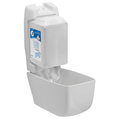 Naścienny dozownik Kimberly-Clark Scott® Control™ zawiera przezroczystą 1-litrową kasetę z antybakteryjnym środkiem do mycia rąk do higienicznego użytku, z otwartym przednim wyświetlaczem i prostokątną tacką na krople. Opakowanie zawiera 6 kaset na karton.