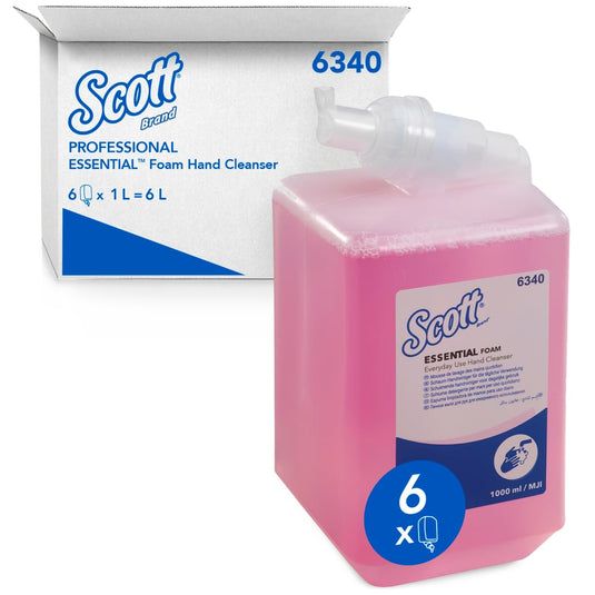 Mydło w pianie Scott® Essential™ do codziennego stosowania (1 l, różowe, wkłady) firmy Kimberly-Clark GmbH jest dostępne w kartonie zawierającym 6 wkładów – co daje łącznie 6 litrów produktu do uzupełniania, zapewniającego higienę rąk.
