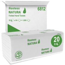 Pudełko ręczników Hostess™ NATURA™ od Kimberly-Clark GmbH zawiera 20 paczek z 84 złożonymi białymi ręcznikami (łącznie 1.680) w zielonym opakowaniu - idealne ręczniki papierowe do użytku publicznego lub komercyjnego.